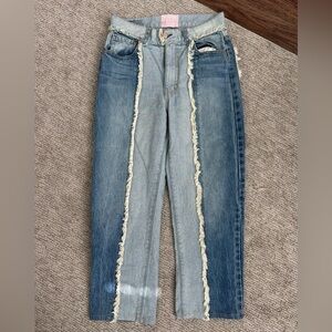 Revice Patchwork Frayed Distressed Straight Leg Denim Jeans - Size 28